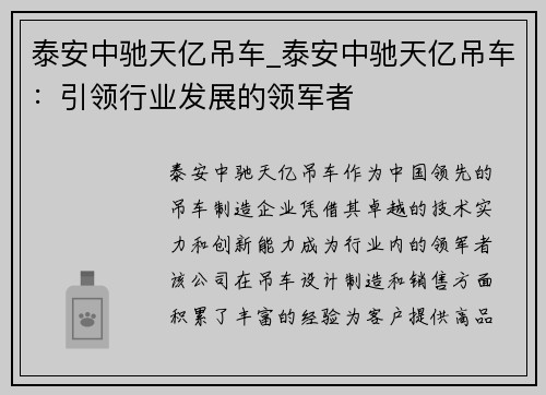 泰安中驰天亿吊车_泰安中驰天亿吊车：引领行业发展的领军者